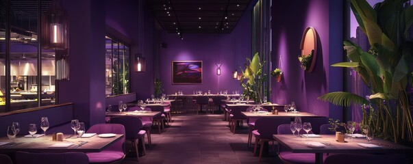 Wall Mural - a contemporary dark violet exterior fusion restaurant, blending global cuisines in an innovative men