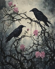 Canvas Print - Two black ravens perched on bare branches with pink roses.