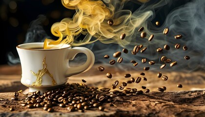 Enigmatic golden smoke swirling around aromatic coffee beans