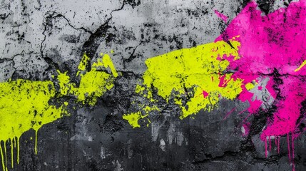 Wall Mural - Grunge background image of a concrete wall with neon pink and yellow paint splattered across it, creating a vibrant and edgy aesthetic