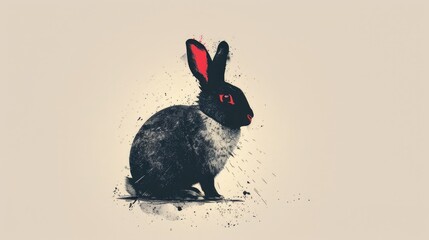 A black and white rabbit with red ears sits on a beige background.