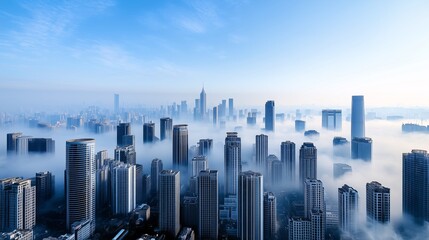 Misty Cityscape with Skyscrapers in Morning Light