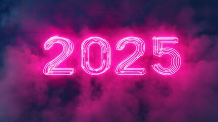 Wall Mural - Neon pink 2025 sign glowing in smoke on a dark background, creating a futuristic and vibrant visual atmosphere. Happy New Year.