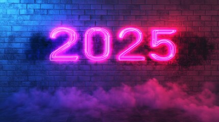 Wall Mural - Neon pink 2025 sign glowing in smoke on a dark background, creating a futuristic and vibrant visual atmosphere. Happy New Year.