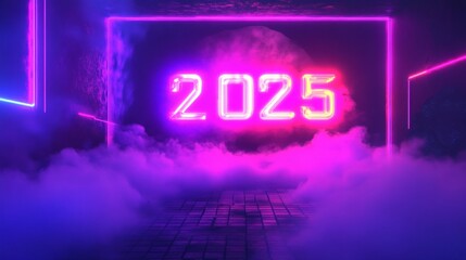 Wall Mural - Neon pink 2025 sign glowing in smoke on a dark background, creating a futuristic and vibrant visual atmosphere. Happy New Year.