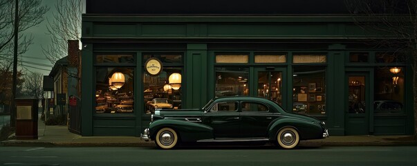 Wall Mural - a dark green exterior vintage car museum, showcasing classic models and automotive history, situated