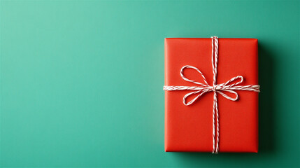 Wall Mural - Red gift box with white ribbon tied with a bow on turquoise background with copy space