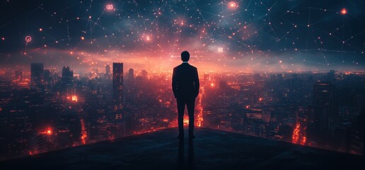 Businessman standing on a rooftop with digital connection technology