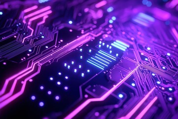 Wall Mural - Futuristic glowing purple circuit board with neon lights and technology patterns