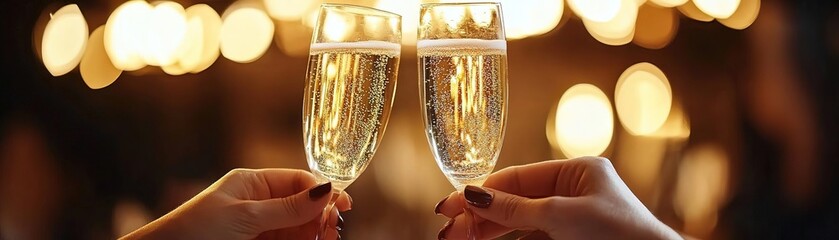 Two sparkling champagne glasses clinking together in celebration with a dreamy bokeh background of warm lights.