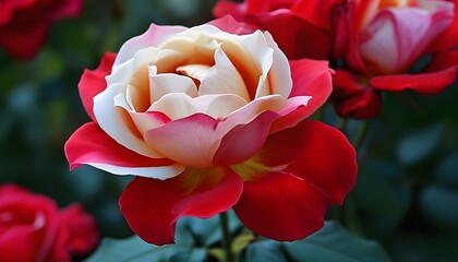 Poster - Stunning closeup of a vibrant collection of blooming roses showcasing rich reds, gentle pinks, and elegant ivories