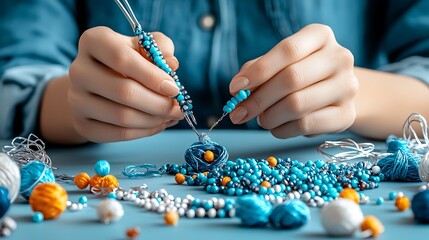 A woman's hands skillfully craft jewelry, arranging beads and wire on a blue tabletop.