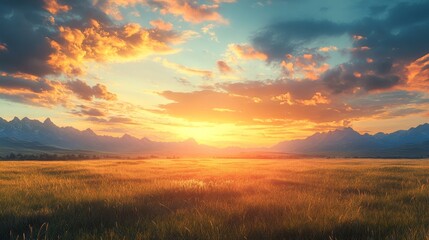 Wall Mural - A beautiful sunset over a vast, empty field