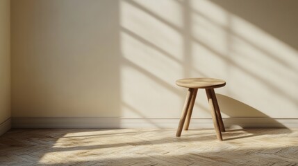 A wooden stool sits in a room with a white wall