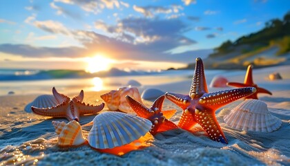 Wall Mural - Vibrant starfish and seashells adorn a sandy beach, illuminated by the soft light of early morning coastal beauty