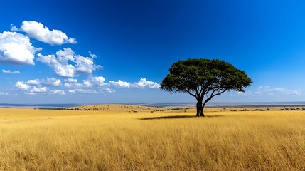 A lone tree stands tall against the vast African savanna, framed by a brilliant blue sky.