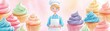 © Naput - A delightful baker character surrounded by colorful cupcakes, pastel tones, soft lighting, hand-drawn illustration style