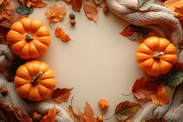 a flat-lay arrangement on an fall-inspired background. Use fall elements like some leaves, two orange pumpkins, knitted fabric on one corner and a lot of empty space in between to evoke a warm, season