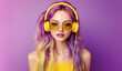© Poj - A woman with headphones enjoys music while wearing stylish sunglasses against a vibrant purple background. Generative Ai.