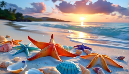 Tropical beach paradise with vibrant starfish and seashells on sunlit sands, ocean shimmering gently in the warm glow of sunrise