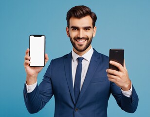 Satisfied confident smiling adult businessman showing mobile phone blank white screen mockup to camera standing isolated on blue background. Man holding smartphone and shows copy space for advertising