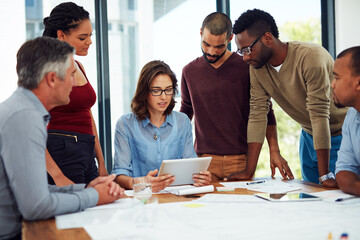 Poster - Group, serious and architect with tablet, blueprint and teamwork for floor plan, reading and office. Digital, documents and people in boardroom, designer and collaboration of colleagues and project