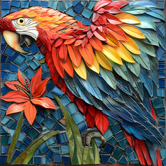 Mosaic artistic image of narrow border of Scarlet Macaw feathers and tiger lilies