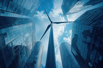 Wind Turbine in City Skyline.