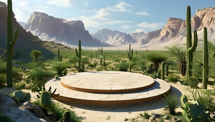 Wall Mural - Desert oasis with circular podium, vibrant cacti, diverse flora, and stunning mountain backdrop