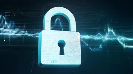 Poster - A metallic padlock signifies enhanced cybersecurity, surrounded by digital soundwave patterns, representing a secure online environment focused on data protection.