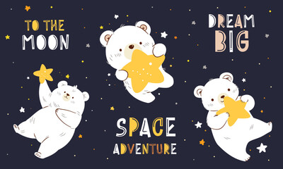 Wall Mural - Set of flat vector illustrations in children's style. Cute white bears flying in space. Space and stars. A set of space-themed lettering and inscriptions. . Vector illustration