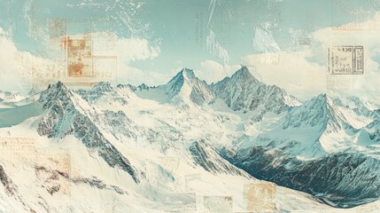 A vast, snow-covered mountain range stretches into the horizon, with faint postage stamp textures integrated into the sky, blending antiquity with natural beauty.