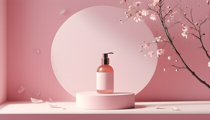 Wall Mural - Monochromatic Pink Minimalist Beauty Product Showcase with Subtle Shadows and Elegant Petal Accents