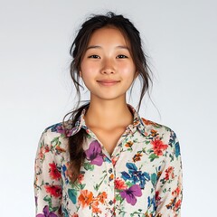 portrait of a woman Asian girl Have a beautiful smile Ready to wear a flower pattern shirt
