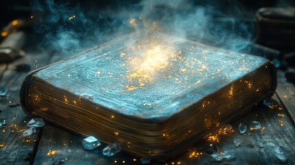 Wall Mural - ancient leatherbound book emanating ethereal light surrounded by floating crystals and swirling magical mist on weathered wooden table