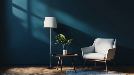 A white chair and wooden side table stand in a room with a dark blue wall and wooden floor. A lamp illuminates the room and a plant sits on the table.