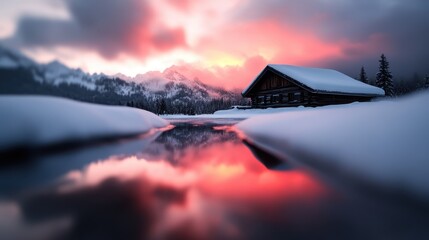 A cozy wooden cabin nestled in a snowy landscape is beautifully reflected in still waters at sunset, showcasing a blend of warm and cool tones with a dramatic sky glowing red.