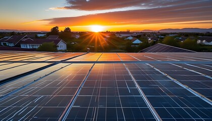 Wall Mural - Sustainable rooftop solar panels basking in warm sunset glow with scenic residential rooftops in the backdrop