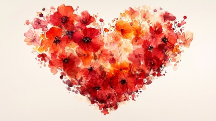 Wall Mural - Red heart made of watercolor flowers and petals, illustrated in a delicate, artistic style, showcasing a beautiful floral heart shape.