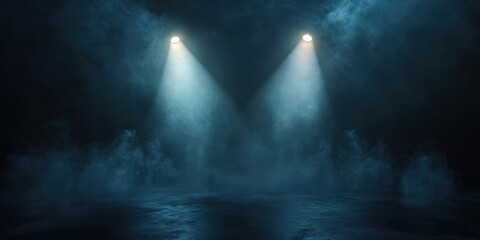 Wall Mural - Dark Foggy Stage With Spotlights Illuminating Scene