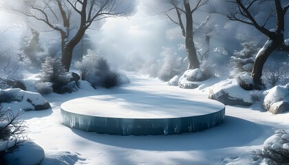 Wall Mural - Enchanting winter wonderland scene with a circular ice podium nestled in snow, bathed in gentle natural light