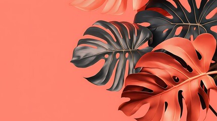 A close-up of three monstera leaves against a coral background. The leaves are black, orange, and a deep coral color. The leaves are arranged in a way that creates a sense of depth and dimension.