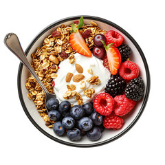 Wall Mural - Bowl of oat granola with yogurt, fresh raspberries, blueberries, strawberries, blackberries and nuts with spoon