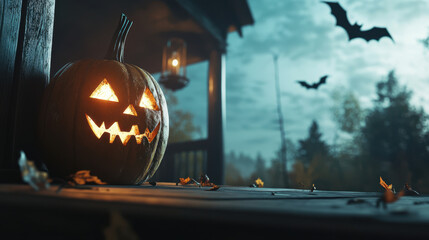 A spooky Halloween scene featuring carved pumpkin with menacing grin, illuminated from within. Eerie lanterns hang nearby, and bats flutter in misty night sky, creating haunting atmosphere