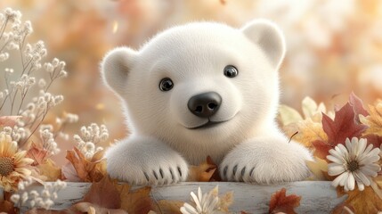 Cartoon polar bear cub resting in a lively autumn forest filled with various colorful leaves and cheerful flowers.