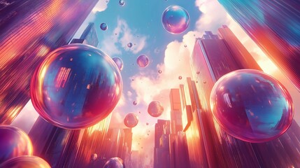 Poster - Floating orbs of bright colors in a surreal, futuristic cityscape, symbolizing imaginative urban possibilities.