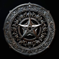 Intricate silver pentagram medallion with ornate design

