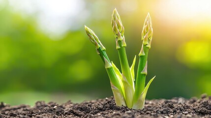 Fresh Asparagus Sprouts Growing in Soil at Sunrise