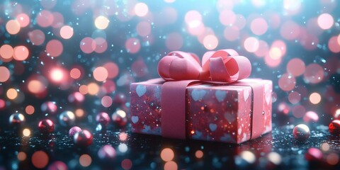 Wall Mural - Beautiful pink gift box with festive bokeh background