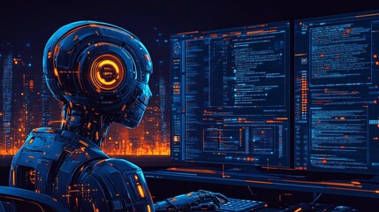 Wall Mural - Illustration of AI chatbots working and conversing on computers, showcasing advanced technology in a sleek design.